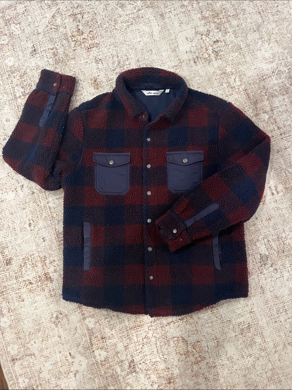 Peter Millar Plaid Sherpa Button-Up Jacket - Navy & Burgundy